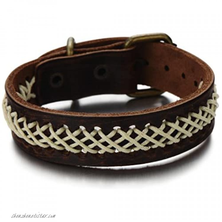 COOLSTEELANDBEYOND Fashion Mens Brown Leather Bracelet Genuine Leather Bangle Interwoven Design