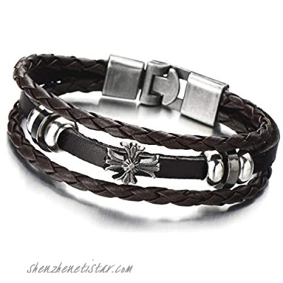 COOLSTEELANDBEYOND Mens Cross Brown Braided Leather Bracelet Multi-Strand Genuine Leather Wristband Wrap Bracelet