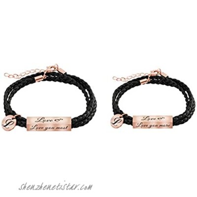Defusky Gift for Lover Couples Bracelets His Hers Matching Set Adjustable Black Braid Leather Bracelets Cuff Bangle for Men Women 2pcs