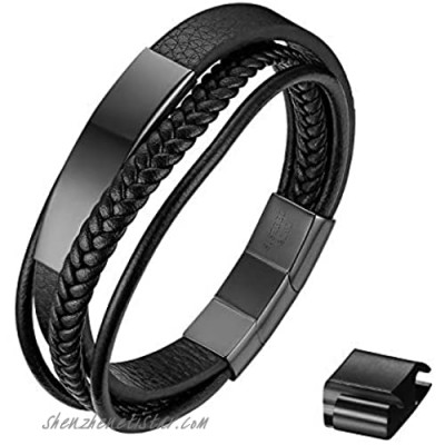 JewelryWe Men's Leather Bracelet with Engraving - Handmade Braided Multi-Row Stainless Steel Bracelet with Magnetic Closure - Adjustable Cuff Bangle for Fathers Day