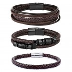 LOLIAS 3Pcs Stainless Steel Braided Leather Bracelet for Men Women Leather Wrist Band Cuff Bangle Bracelet Magnetic Clasp 7.5-8.5 inches