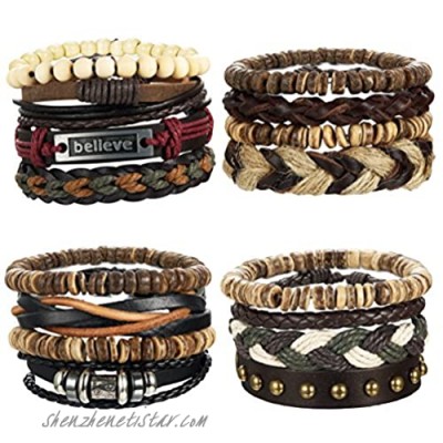 LOYALLOOK 8-34pcs Mens Leather Bracelet Wrap Cuff Bracelets with Hemp Cords Wood Beads Ethnic Tribal Believe Charm