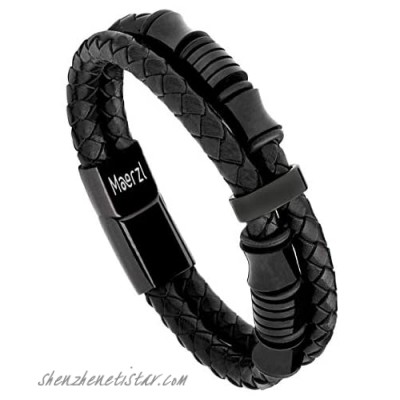 Maerzl Mens Leather Bracelet with Black Magnetic Stainless Steel Clasp Wrist Cuff Bangle