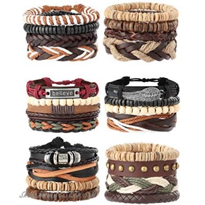 Milacolato 26Pcs Woven Braided Leather Bracelet for Men Women Hemp Cords Wood Beads Cuff Bracelets Adjustable