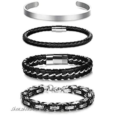Thunaraz 4Pcs Stainless Steel Cuff Braided Leather Bracelets for Men Women Masculine Style Braided Link Wrist Band Cuff Bangle Bracelets Mens Bracelet Jewelry Set