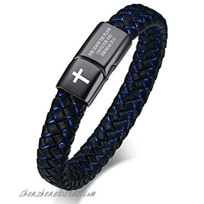 VNOX Personalized Cross Inspirational Christian Quote Two-Tone Braided Leather Bracelet Cuff Bangle Wristband Bible Verse Bracelet Gift for Men Boys
