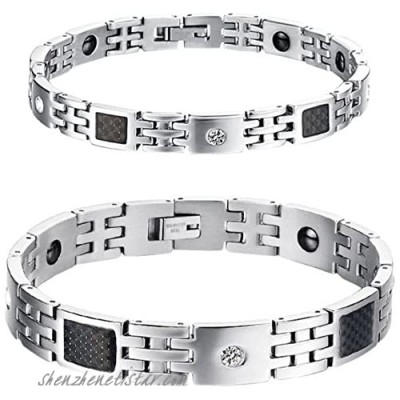 2pcs Couples Stainless Steel Carbon Fiber Healthy Power Energy Magnetic Link Bangle Bracelet with Gift Bag