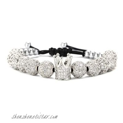 Charm Imperial Crown Braided Bracelets with 8mm Micro Pave Cubic Zirconia Beads 18K Gold King Bracelet for Men Boys