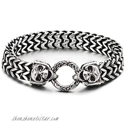 COOLSTEELANDBEYOND Gothic Mens Stainless Steel Franco Box Chain Link Curb Chain Bracelet with Skulls Spring Ring Clasp