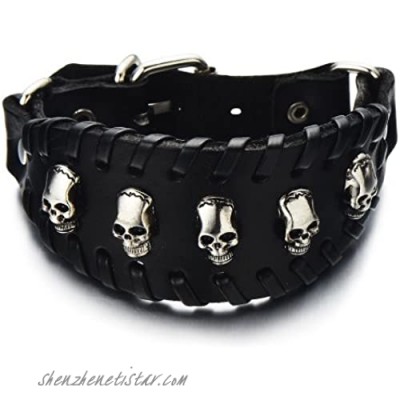 COOLSTEELANDBEYOND Gothic Punk Men’s Skull Bracelet Large Genuine Black Leather Wristband