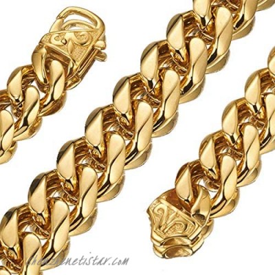 Jewelry Kingdom 1 Cuban Link Chain Necklace Bracelet for Men and Women 18K Gold High Polish Stainless Steel Diamond Cut Curb Link Chain with Cast Flower Clasp 12MM 8inches to 30inches