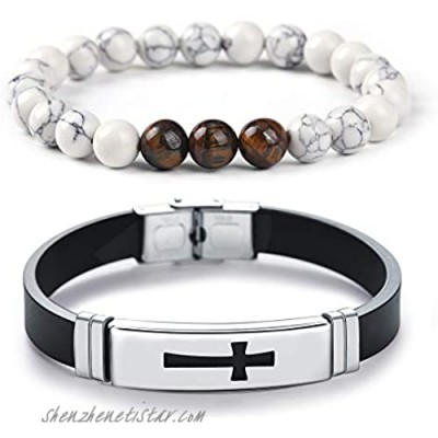 Starmond Jewelry 2 Pcs Set Men's Stainless Steel and Rubber Bracelet Religious Black Rubber Cross Bracelet Link