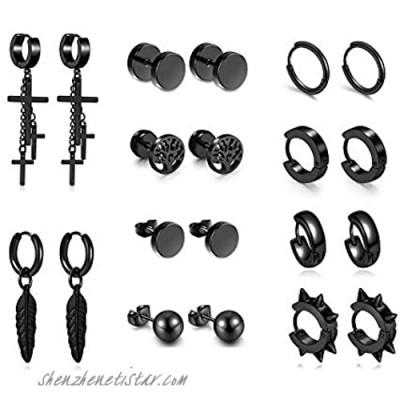 BOPREINA Earrings for Men Black Silver Stud Earrings Mens Earrings Stainless Steel Cross Dangle Earrings Set Huggie Hinged Hoop Earrings Barbell for Men Women Piercing Jewelry