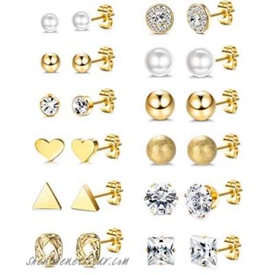 Florideco 12 Pairs Stainless Steel Stud Earrings for Women Men Crystal Pearl CZ Earring Set Tiny Triangle Round Ball Earrings Ear Stud Jewelry