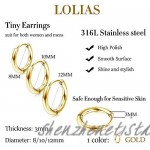 LOLIAS 6 Pairs Stainless Steel Hoop Earrings for Mens Womens 18K Gold Plated Small Huggie Hoop Earrings Helix Hoop Earring Cartilage Piercing Hoop Earrings Set 8mm /10mm/12mm
