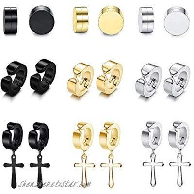 LOYALLOOK 9 Pairs Stainless Steel Clip On Earrings Hoop Huggie Non-Piercing Magnetic Stud Earring for Mens Womens