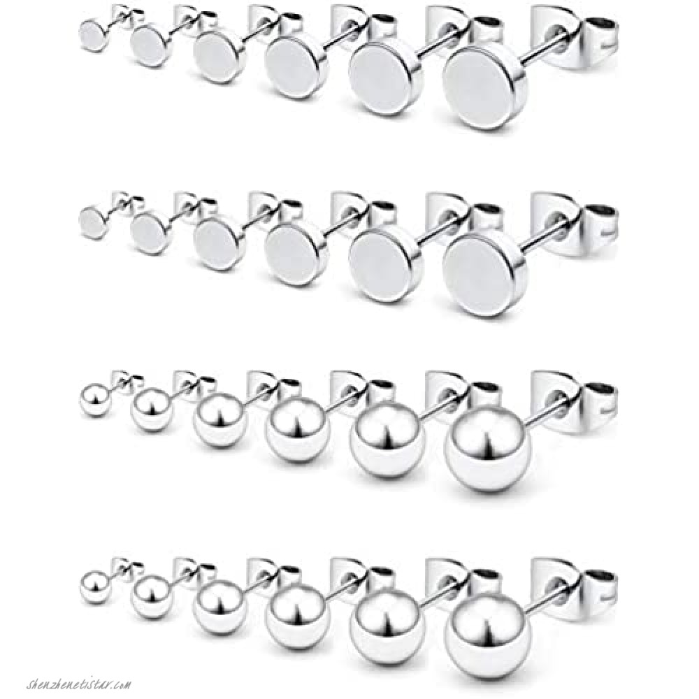 Prjndjw 12 Pairs 20G Surgical Steel Flat top stud Earrings Round Ball Stud Earrings Set for Women Men Girls Helix Tragus Barbell Stud Earrings Mix Sizes 3-8mm 