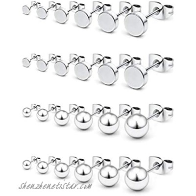 Prjndjw 12 Pairs 20G Surgical Steel Flat top stud Earrings Round Ball Stud Earrings Set for Women Men Girls Helix Tragus Barbell Stud Earrings Mix Sizes 3-8mm