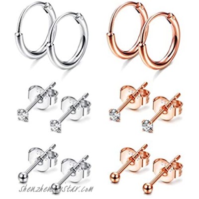 Sllaiss 6 Pairs Sterling Silver 2mm Tiny Cartilage Earrings Women Men Small Endless Hoops Earring Round CZ Ball Tragus Helix Piercing Rose Gold Silver Tone