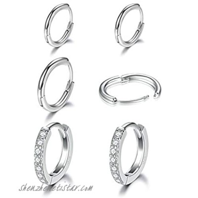 Small Silver Hoop Earrings-Cubic Zirconia Cuff Earrings| 3 Pairs Sterling Silver Hoop Earrings|Tiny Cartilage Hoop Earrings for Women Men Girls (8mm/10mm/12mm)