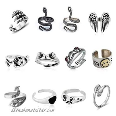 12 Pcs Silver Plated Frog Rings Set Cute Animal Open Rings Pack Vintage Goth Hippie Matching Rings Cute and Stylish Snake Hug Cat Lucky Face Rings for Couples Gift for Women Men Girls