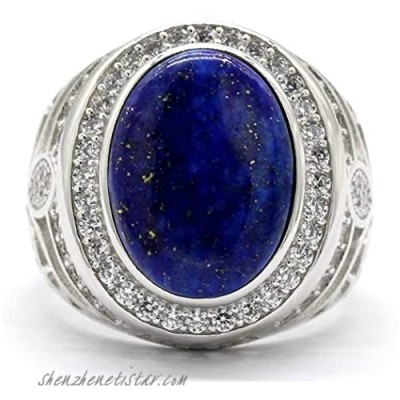 Dinuo Lapis Lazuli Stone Ring for Men Silver Blue Stone Set Cubic Zirconia(CZ) Turkish Ring Vintage Style Wedding Band Jewelry Gift Size 7-12