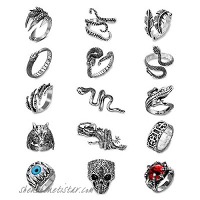 Honsny 15Pcs Vintage Punk Rings for Men Women Gothic Octopus Dragon Claw Snake Wolf Skull Rings Open Adjustable Rings Set Jewelry
