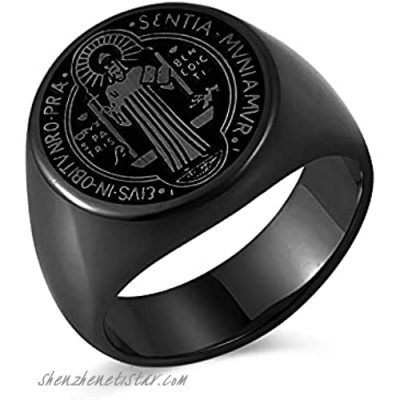 HZMAN Men Saint Benedict Exorcism Ring Stainless Steel Catholic Demon Protection Ghost Hunter Jewelry