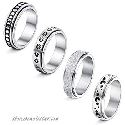 Jstyle 4Pcs Stainless Steel Fidget Band Rings for Women Mens Spinner Rings Flower Moon Star Cool Rings Stress Relieving Wedding Promise Rings Set