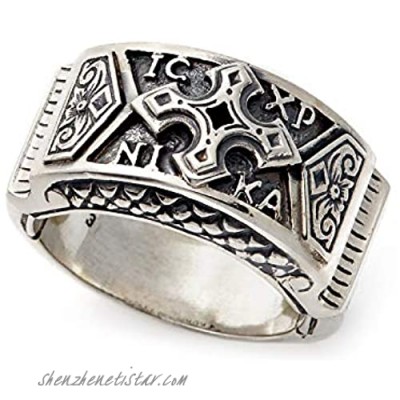Konstatino Men's Sterling Silver Ring With Christogram Religious Symbols