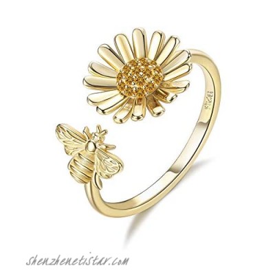 Milacolato 925 Sterling Silver Sunflower Rings 14K Gold Plated Bee Rings Adjustable Open Rings Thumb Rings Sunflower Jewelry Gifts with Gift Box