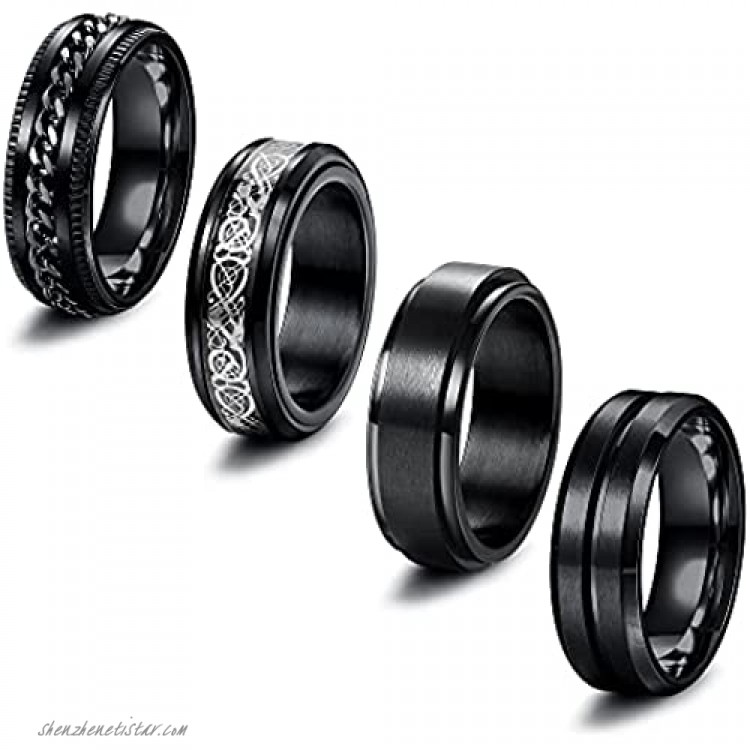 ORAZIO 4Pcs Black Anxiety Ring for Men Women Stainless Steel Fidget Band Rings Mens Spinner Ring Stress Relieving Black Ring Set
