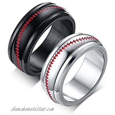 PJ 8mm Stainless Steel Spinner Ring American Baseball Sport Softball Band with Red Stitching