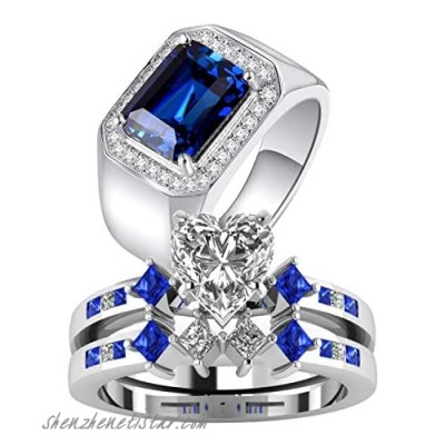Ringcrown Couple Rings White Gold Plated Heart Cut Cz Womens Wedding Ring Sets Blue Cz Man Wedding Bands（Please Buy 2 Rings for 1 Pair）