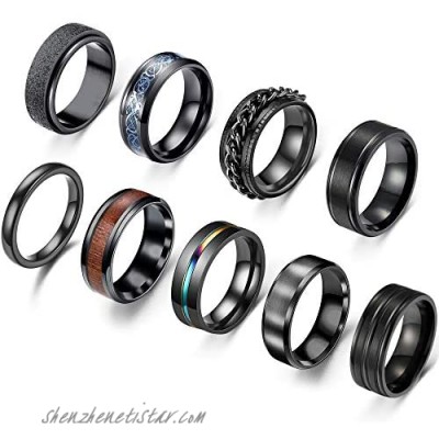 RIOSO 9Pcs Stainless Steel Rings for Men Women Cool Fidget Spinning Chain Anxiety Relief Ring Fashion Simple Wedding Engagement Black Band Ring Set