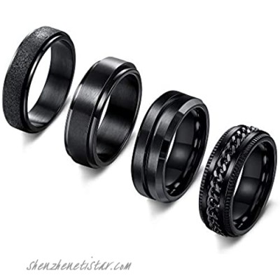Thunaraz 4 Pieces Black Spinner Rings for Men Women Cool Chain Inlaid Stainless Steel Fidget Ring Set 6-8mm Wide Stress Relieving Fashion Wedding Promise Band Rings Size 7-13