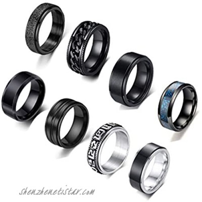 WAINIS 8 Pcs Stainless Steel Black Fidget Spinner Rings for Men Women Cool Release Anxiety Rings Set