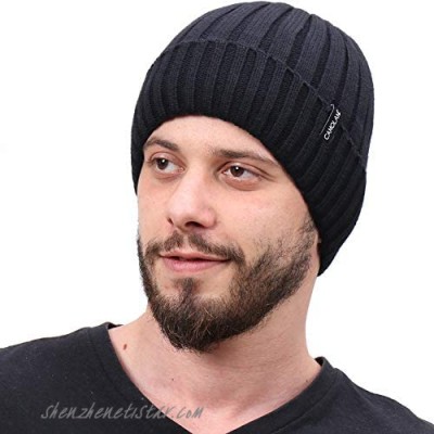 CAMOLAND Men's Fleece Wool Cable Knit Winter Beanie Hat