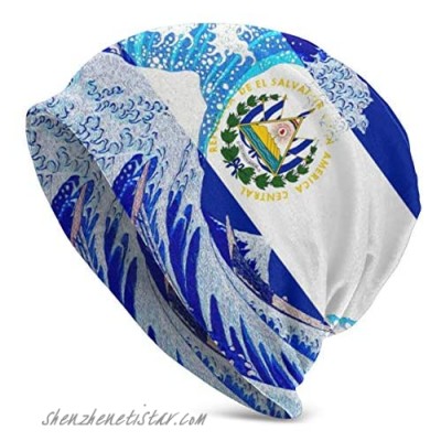 El Salvador Flag and Wave Off Kanagawa Beanie Men Women - Unisex Winter Summer Warm Cuffed Plain Slouchy Skull Daily Knit Hat Cap Black