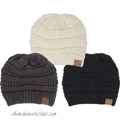Funky Junque 3 Pack Solid Ribbed Beanie – Soft Stretch Cable Knit - Warm Skull Cap