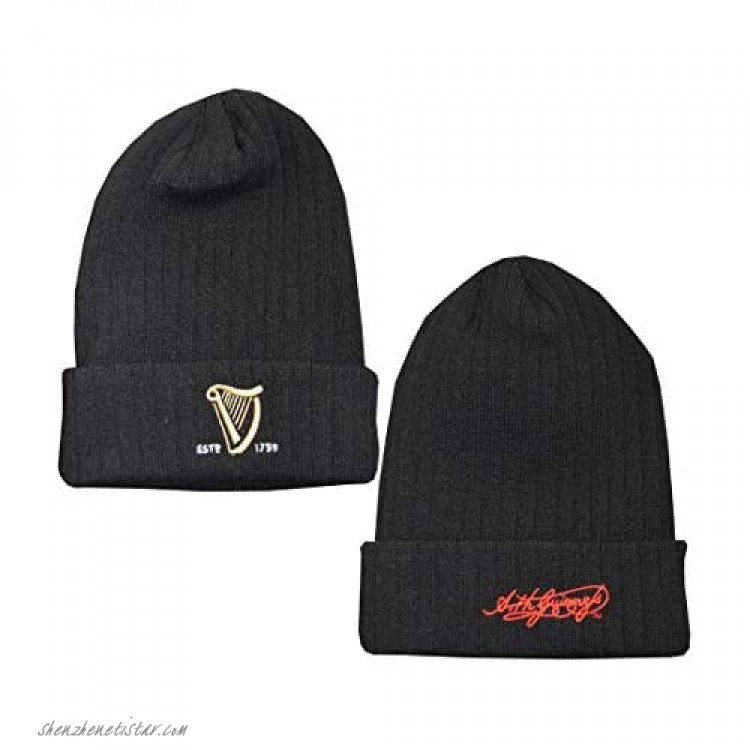Guinness Knitted Ribbed Turn Up Beanie Hat With Embroidered Guinness Text And Signature