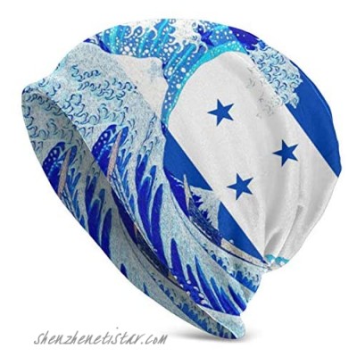 Honduras Flag and Wave Off Kanagawa Beanie Men Women - Unisex Winter Summer Warm Cuffed Plain Slouchy Skull Daily Knit Hat Cap Black