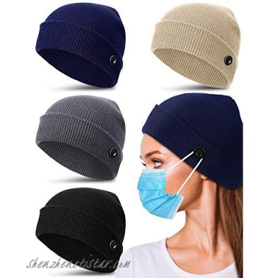 Syhood 4 Pieces Winter Knit Beanie Hat with Buttons Warm Knitted Skull Cap Unisex Stretchy Button Beanie Caps for Women Men