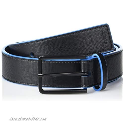 Steve Madden Men's Saffiano Belt with Blue Contrast Edge Paint