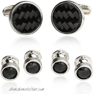 Carbon Fiber Tuxedo Formal Set Cufflinks Studs with Sterling Silver Plate with Travel Box for Groomsmen Wedding Party