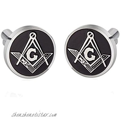 Stainless Steel Masonic Freemason Square & Compass Enamel Cufflinks Black Silver Gift