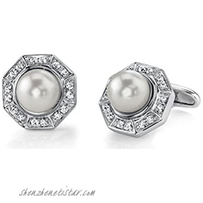 Sterling Silver Pearl and Crystal Octagon Cufflinks