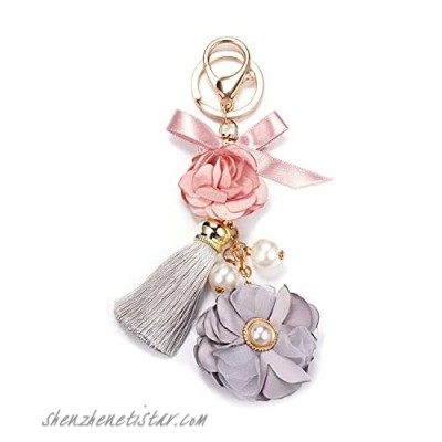 SKAIJEWEL Flower Keychain Pearl Pink Bow-Knot Gray Tassel Key Ring Wallet Bag Pendant Charms Pearl Cute Handbag Personalized Keyring For Women Girls
