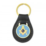 Square & Compass Black Leather Medallion Masonic Key Chain - [Light Blue & Gold][3 1/4'' Tall]