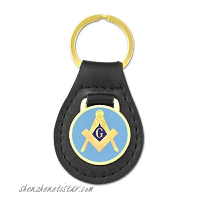 Square & Compass Black Leather Medallion Masonic Key Chain - [Light Blue & Gold][3 1/4'' Tall]
